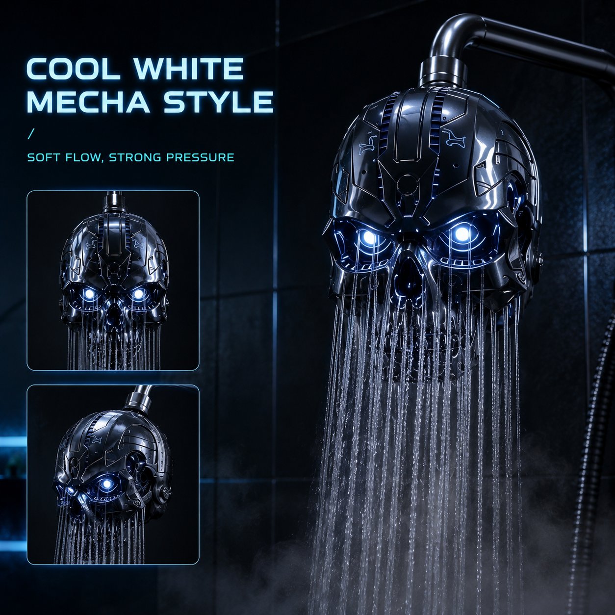 🚿👾Cyber Mecha Skull Color Changing LED Pressure Boost Shower Head