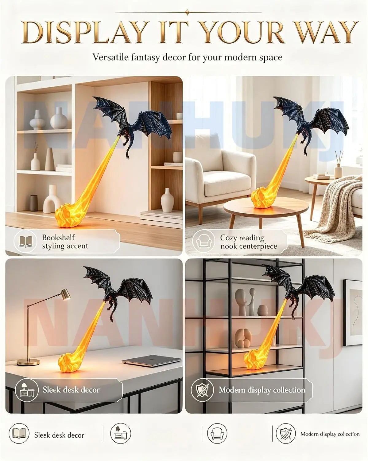 Dragon Flame Book Nook with Light | 3D Printed Mystical Dragon Bookshelf Decor