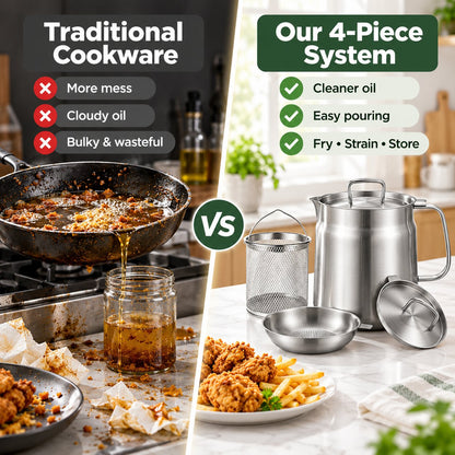 ✨ All-in-One 4-Piece Stainless Steel Deep Fryer & Oil Strainer Pot