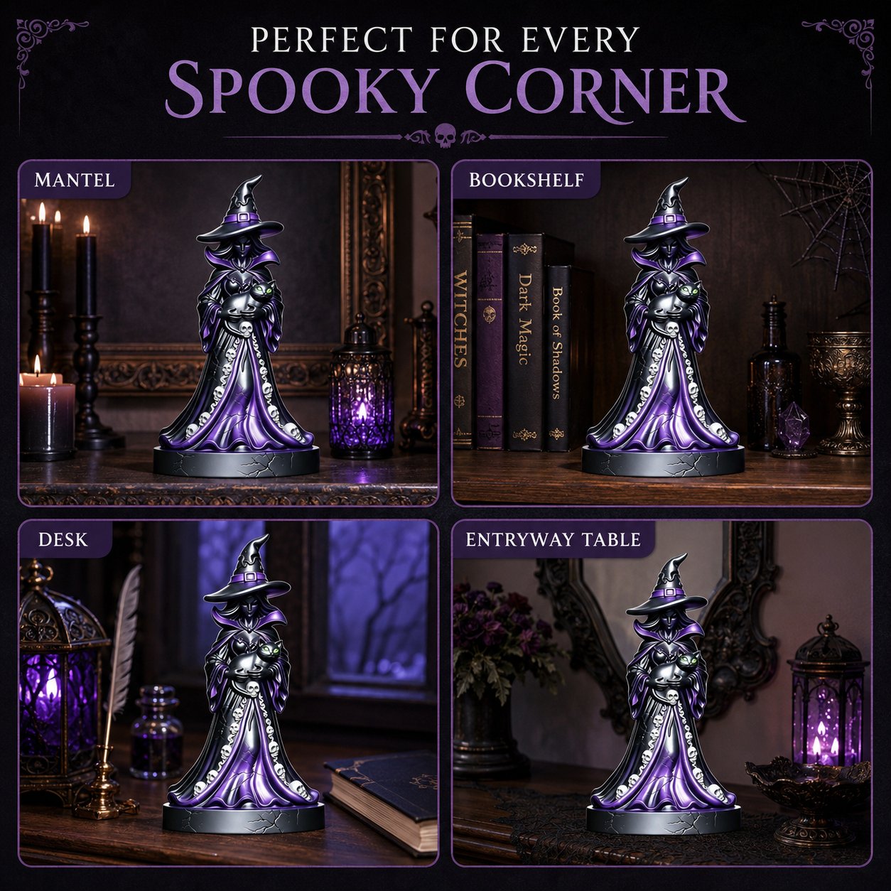 🔥HOT SALES 50% OFF - 🧙‍♀️Midnight Witch &amp; Black Cat Resin Figurine | Gothic Halloween Tabletop Decor &amp; Unique Spooky Gift 🖤