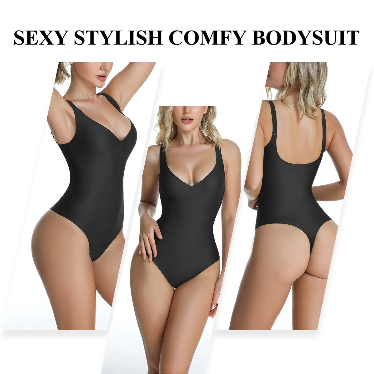 Seamless Plunge Thong Bodysuit – Tummy Control & Adjustable Straps