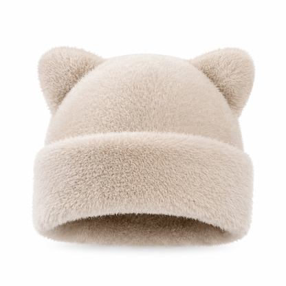 Women Fluffy Faux Mink Fur Beanie Hat with Cute Bear Ears Warm Winter Cold Weather Pullover Cap