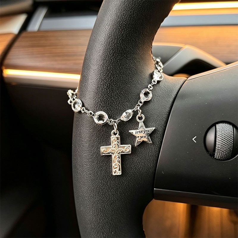 Retro Alloy Car Steering Wheel Pendant Cross Star Charm Ornament