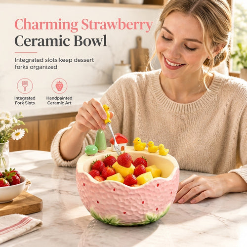 🎁2026 Christmas Sale🎅Cute Strawberry Ceramic Fruit Plate with Fork Set– Cute Fruit & Snack Plate for Home