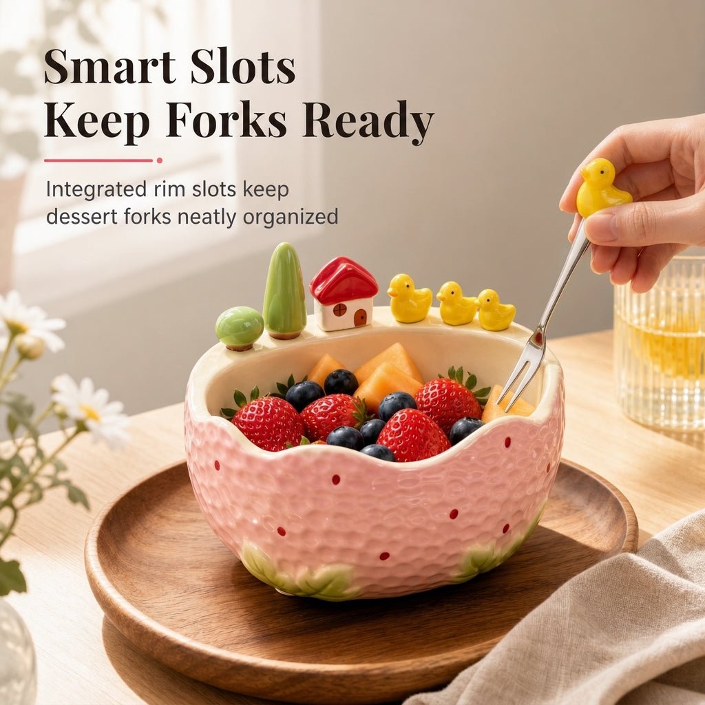 🎁2026 Christmas Sale🎅Cute Strawberry Ceramic Fruit Plate with Fork Set– Cute Fruit & Snack Plate for Home