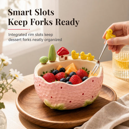 🎁2026 Christmas Sale🎅Cute Strawberry Ceramic Fruit Plate with Fork Set– Cute Fruit & Snack Plate for Home