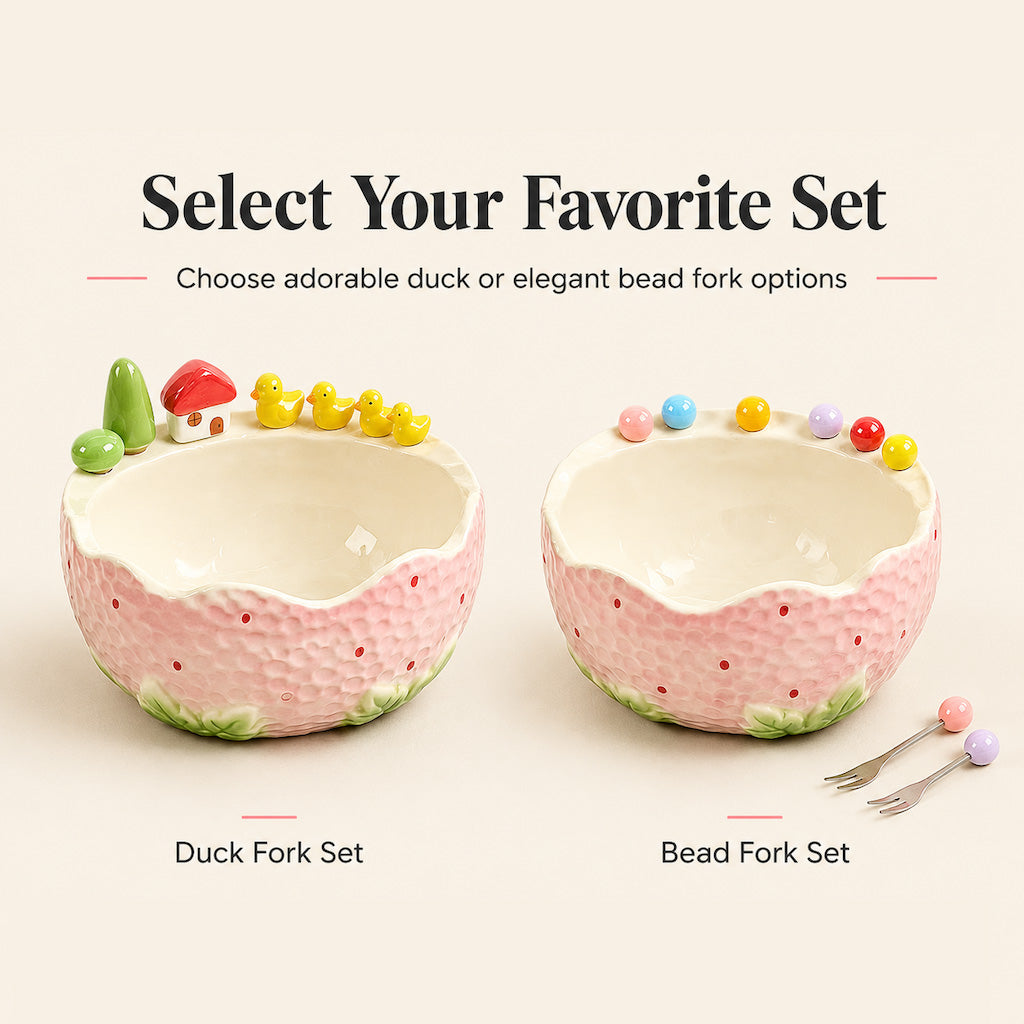 🎁2026 Christmas Sale🎅Cute Strawberry Ceramic Fruit Plate with Fork Set– Cute Fruit & Snack Plate for Home