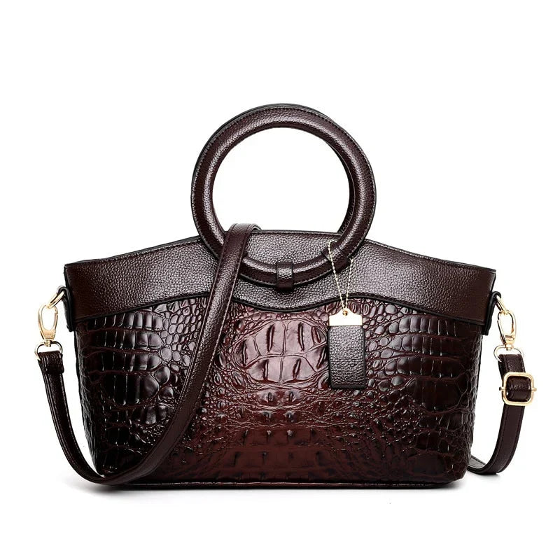 Women Croc Embossed Ring Handle Handbag