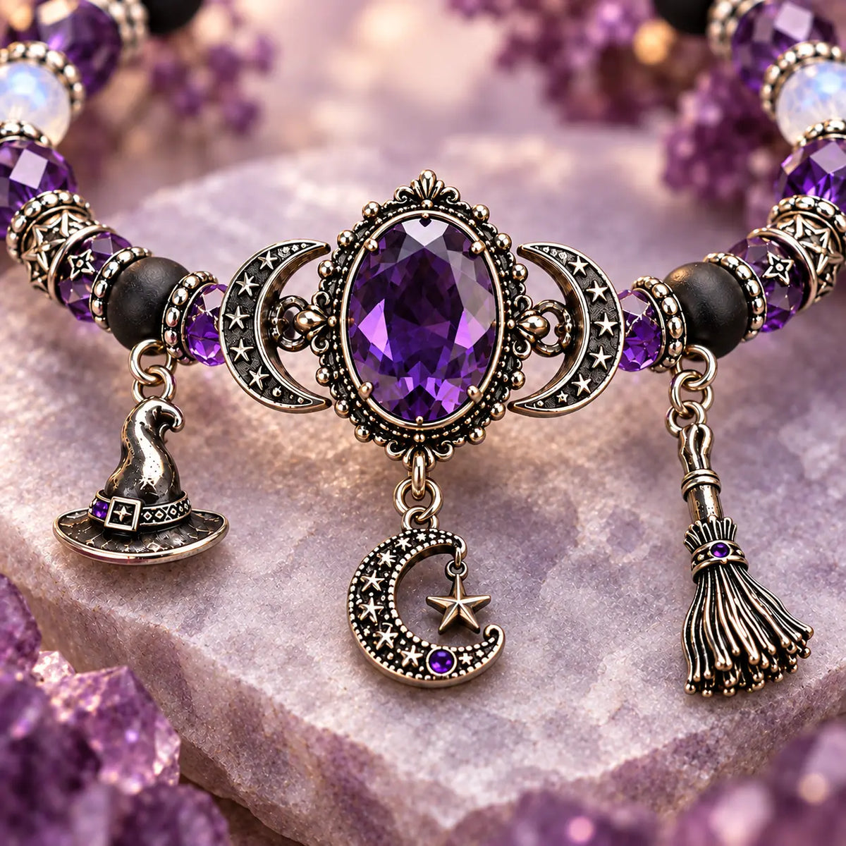 🔮 Witch’s Crystal Moon Charm Bracelet