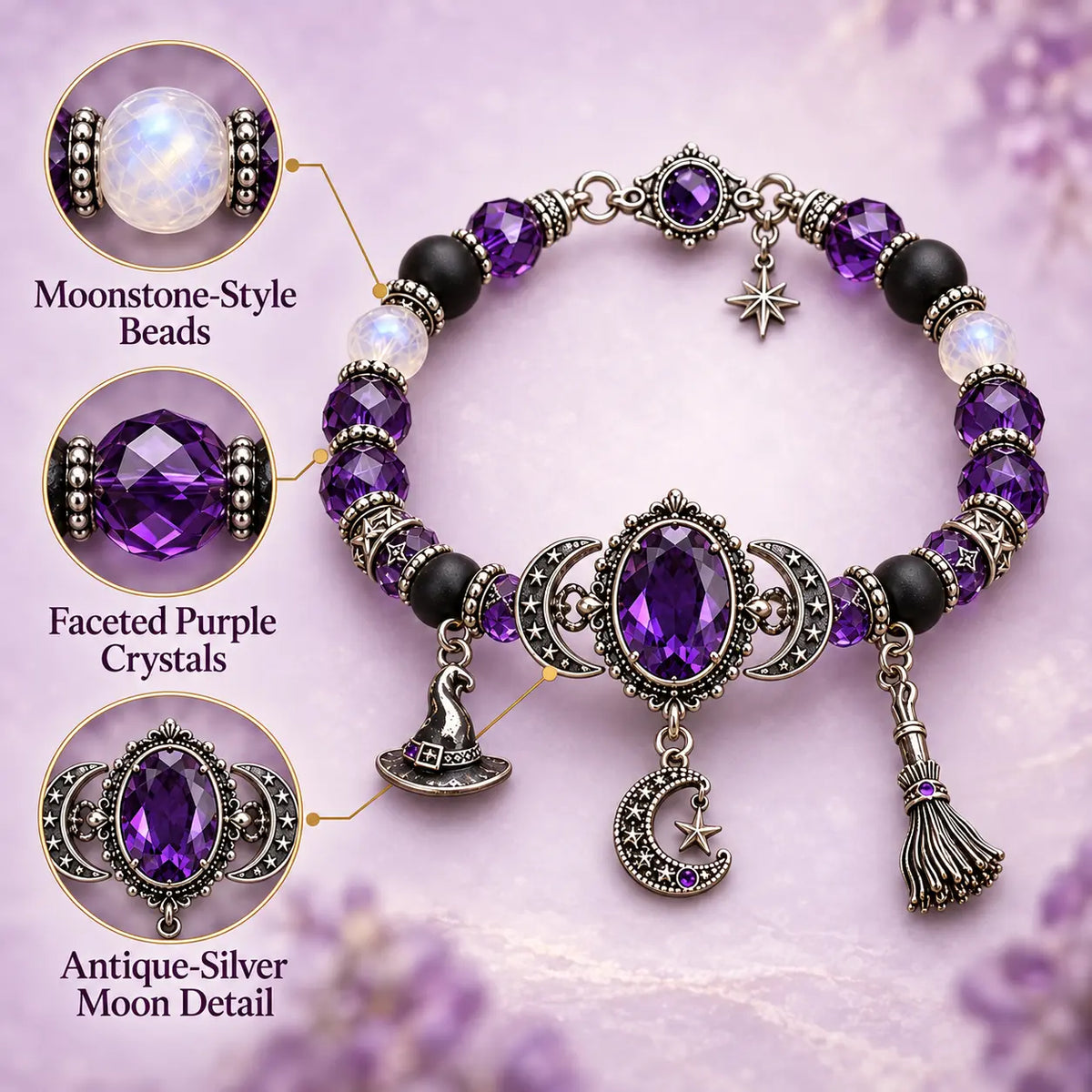 🔮 Witch’s Crystal Moon Charm Bracelet